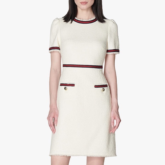 NWT L.K. Bennett Leni Tweed Cream Shift Dress with Fringe - Picture 3 of 9